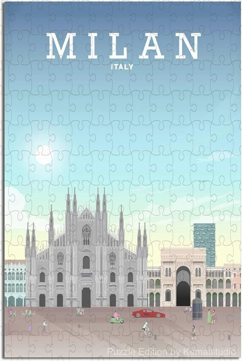 Wooden puzzle featuring a vintage-style Milan city skyline travel illustration