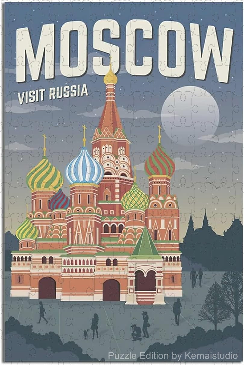 Classic Moscow travel puzzle with Soviet-style vintage poster art