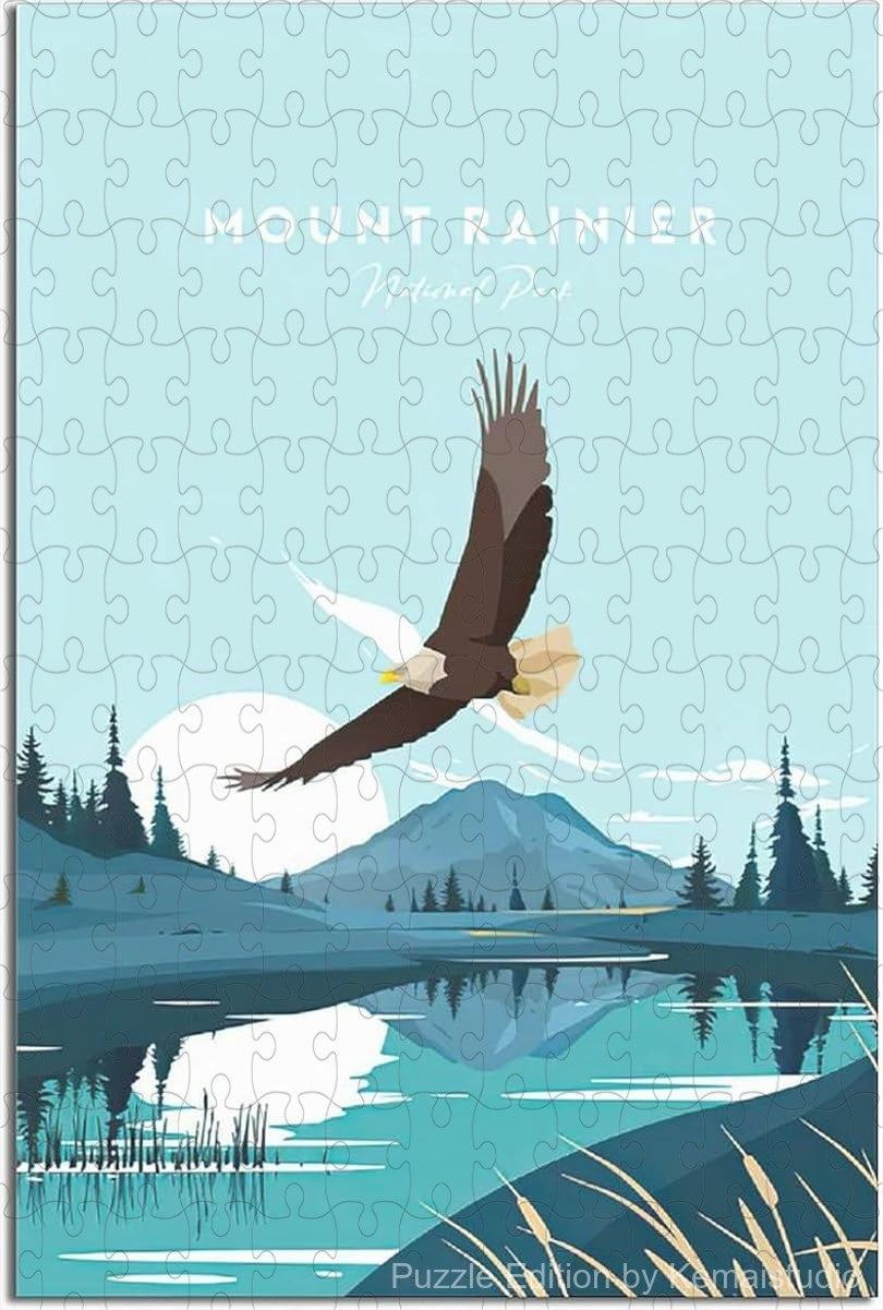 Mount Rainier landscape puzzle in retro national park poster style