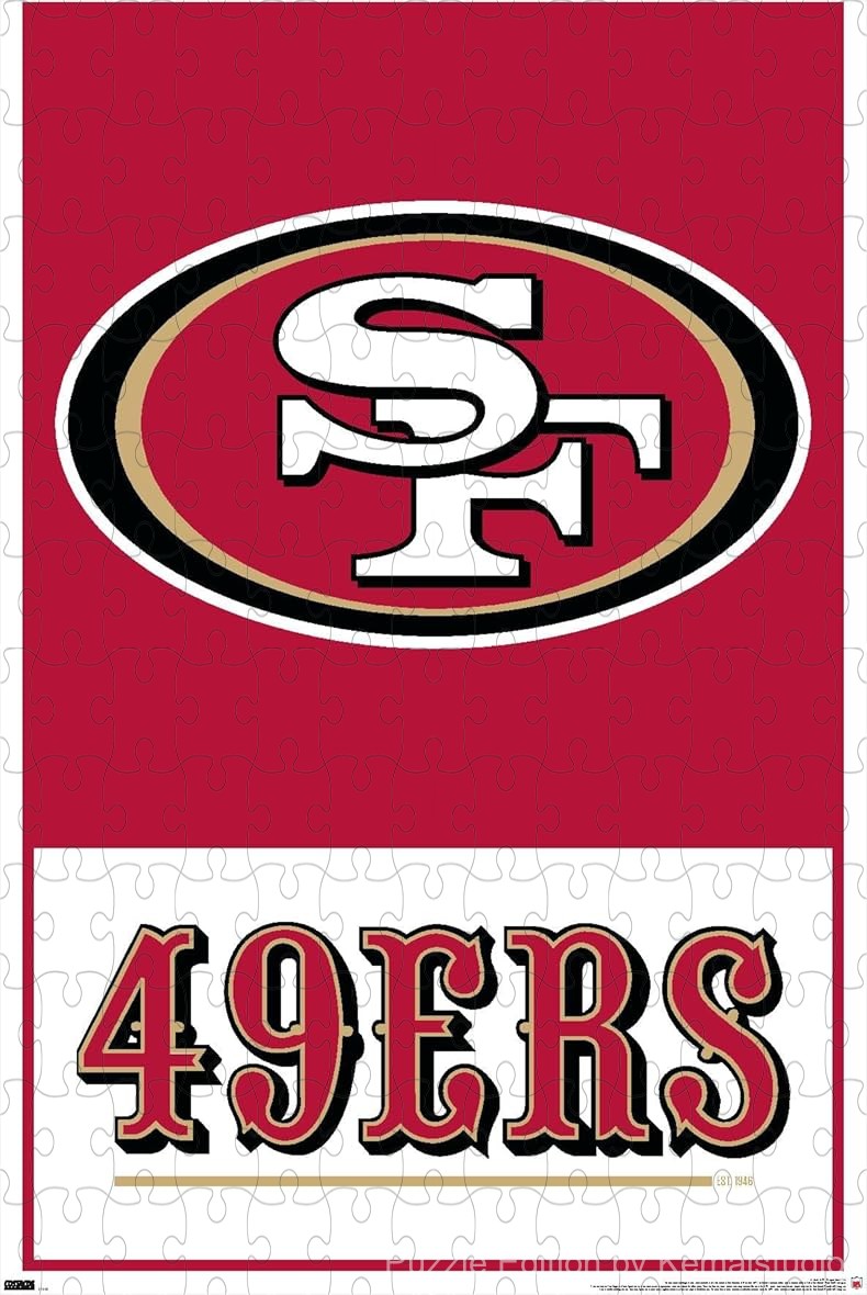 1000-piece wooden jigsaw puzzle featuring the San Francisco 49ers logo.