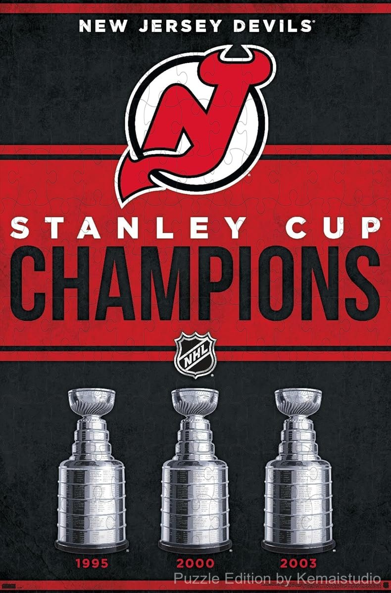 500-piece wooden jigsaw puzzle featuring the New Jersey Devils Champions 2023 logo.