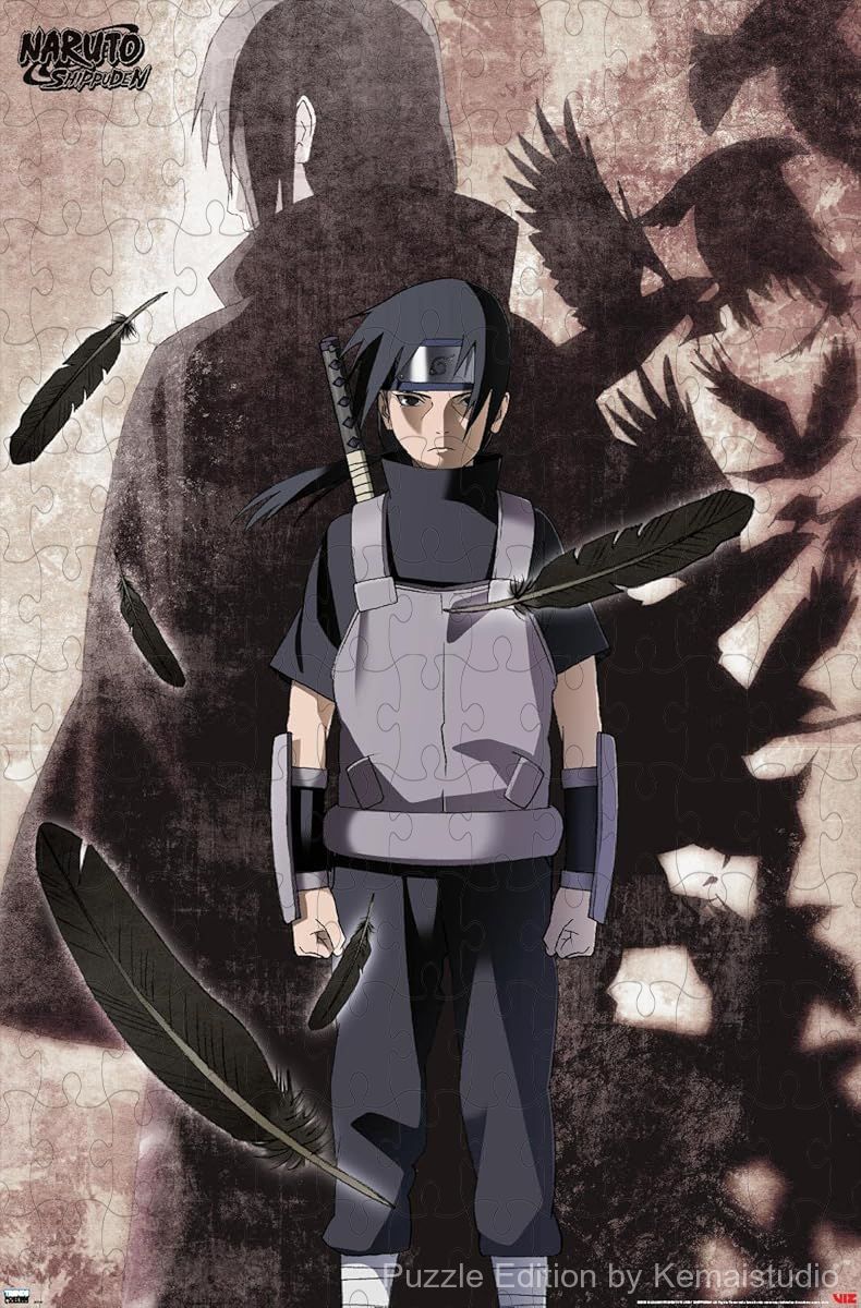 Wooden puzzle featuring Itachi Uchiha with dark, intense visuals from Naruto Shippuden