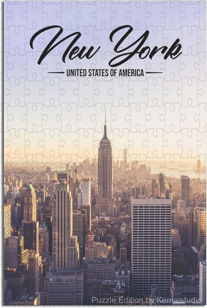 Wooden puzzle featuring New York's famous skyline, filled with vibrant city colors
