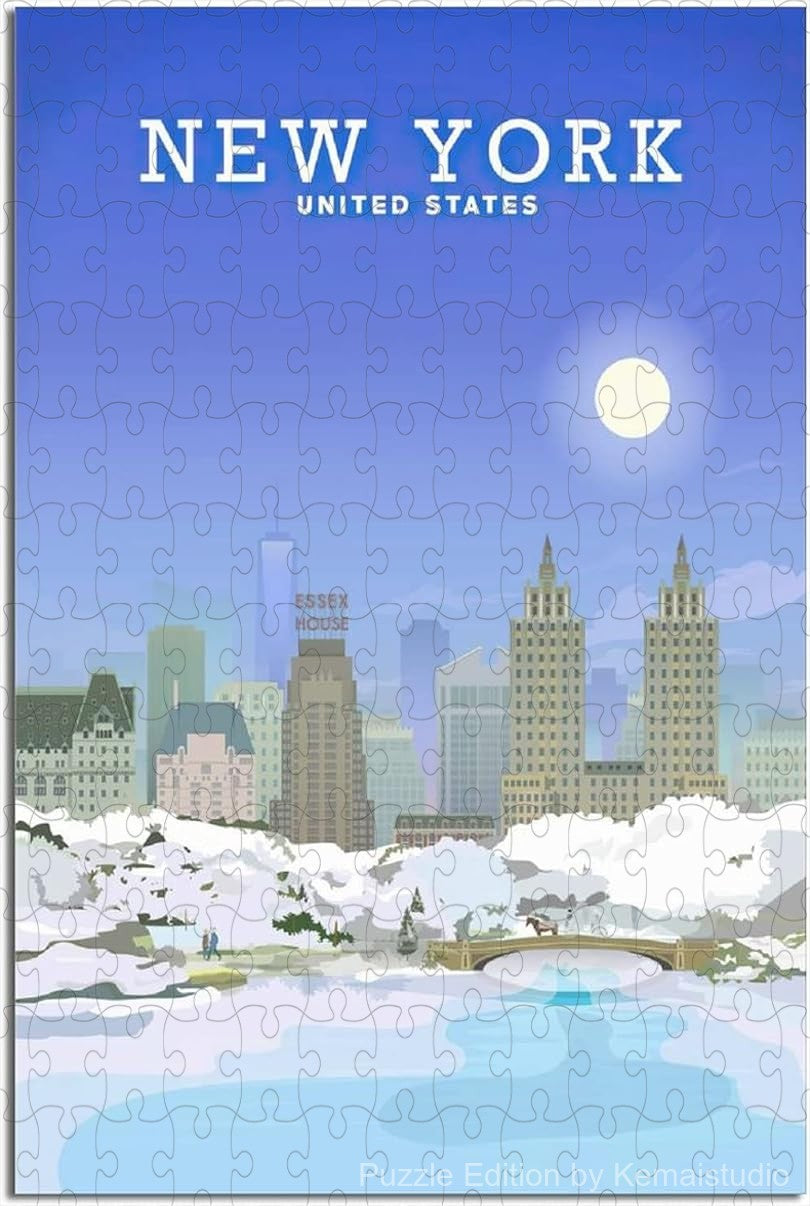 Relax with New York vintage skyline puzzle, featuring iconic city views in a wooden jigsaw for adults