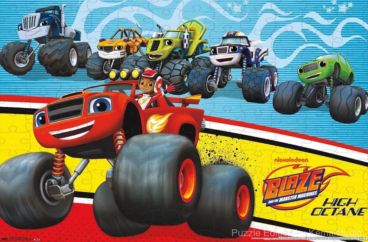 Blaze speeds along the track with friends in a vibrant, educational puzzle scene