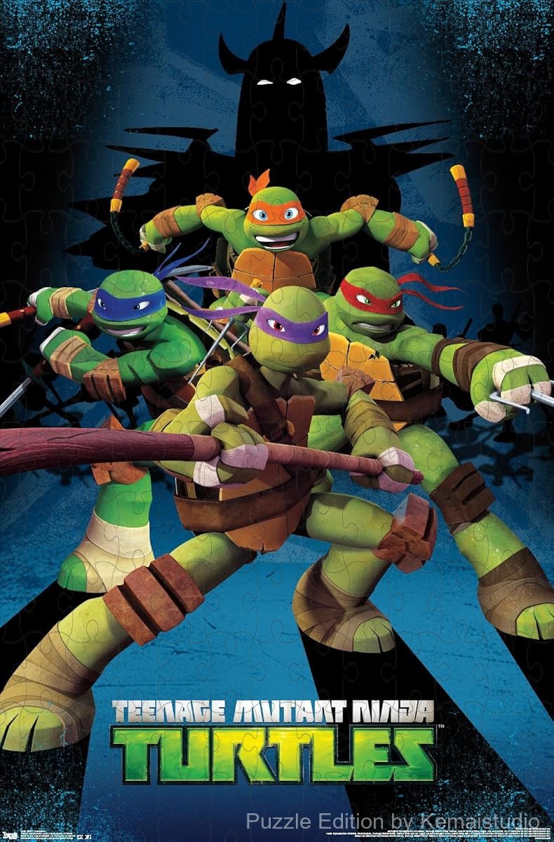 1000-piece wooden jigsaw puzzle featuring the Teenage Mutant Ninja Turtles assembling.