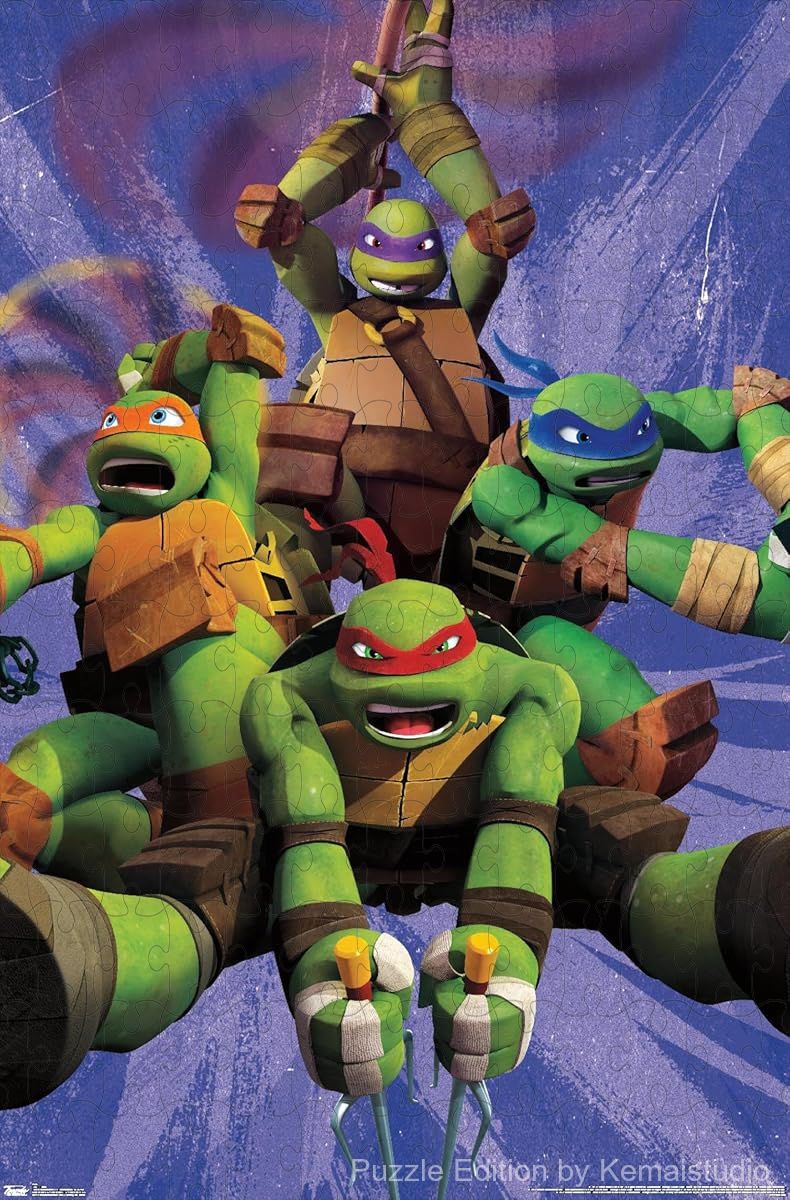 The TMNT team strikes a heroic pose in a gritty city backdrop, ready for battle