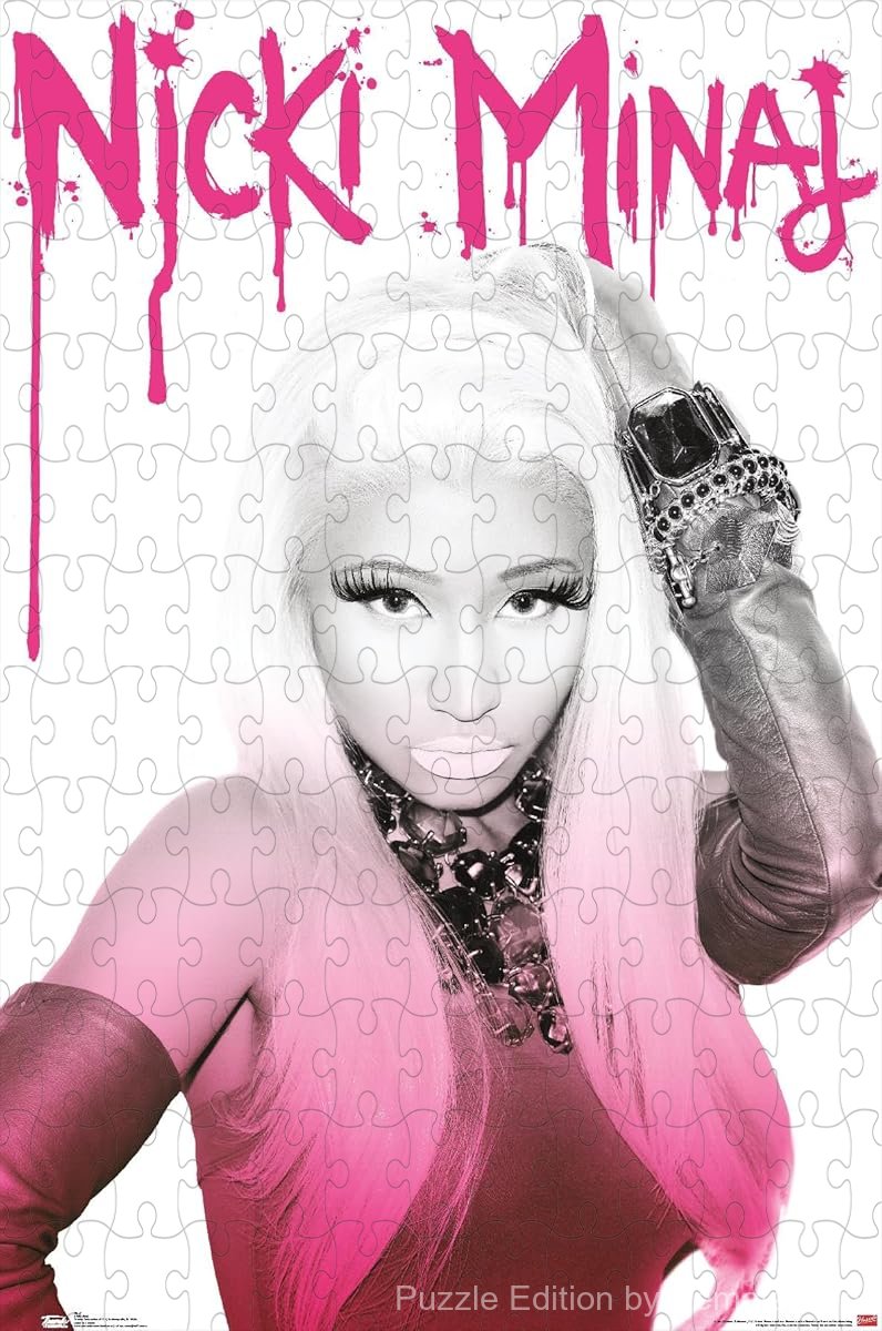 Stylish and vibrant jigsaw puzzle with a bold Nicki Minaj portrait, designed for relaxing fun and modern wall decor