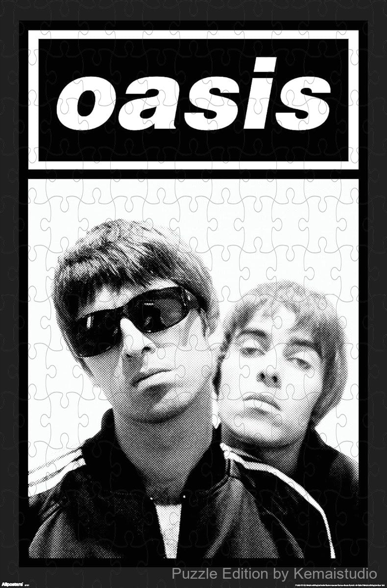 A minimalist monochrome Oasis portrait puzzle,ideal for modern design lovers and Britpop fans