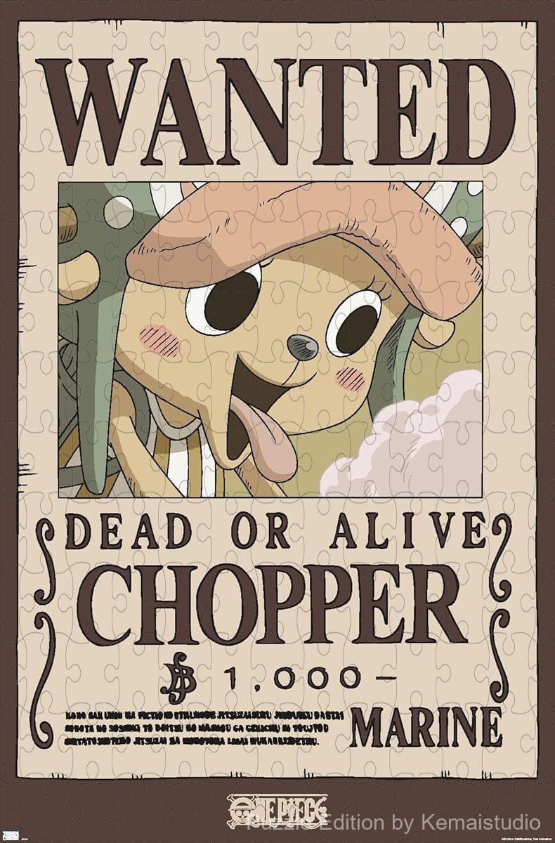 Chopper's wanted poster from One Piece in a vintage anime style