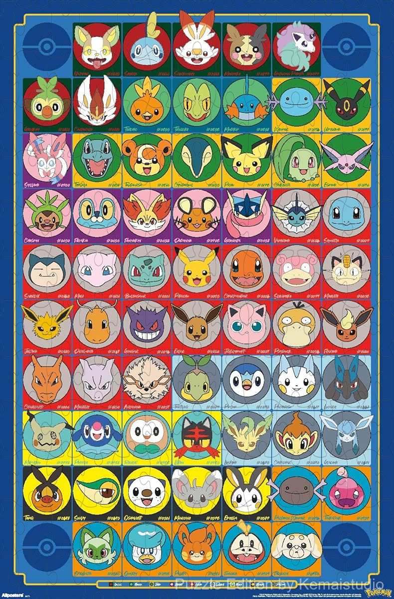 Wooden puzzle featuring Pokemon face art in a grid format, with vibrant and intricate details