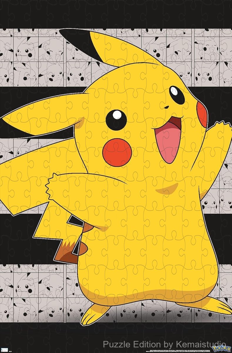 Wooden puzzle featuring Pikachu in an open arms pose, perfect for fans of the iconic Pokemon