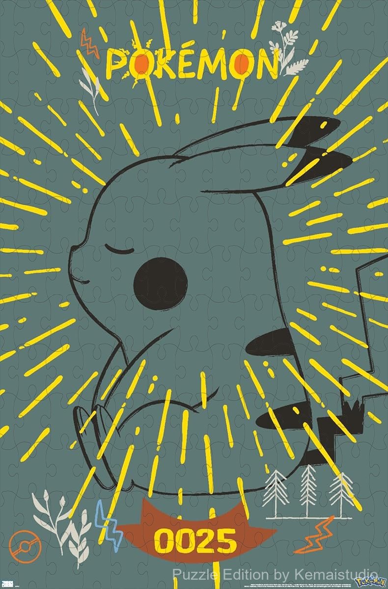 Pikachu surrounded by peace emojis, a fun and cute wooden puzzle for fans