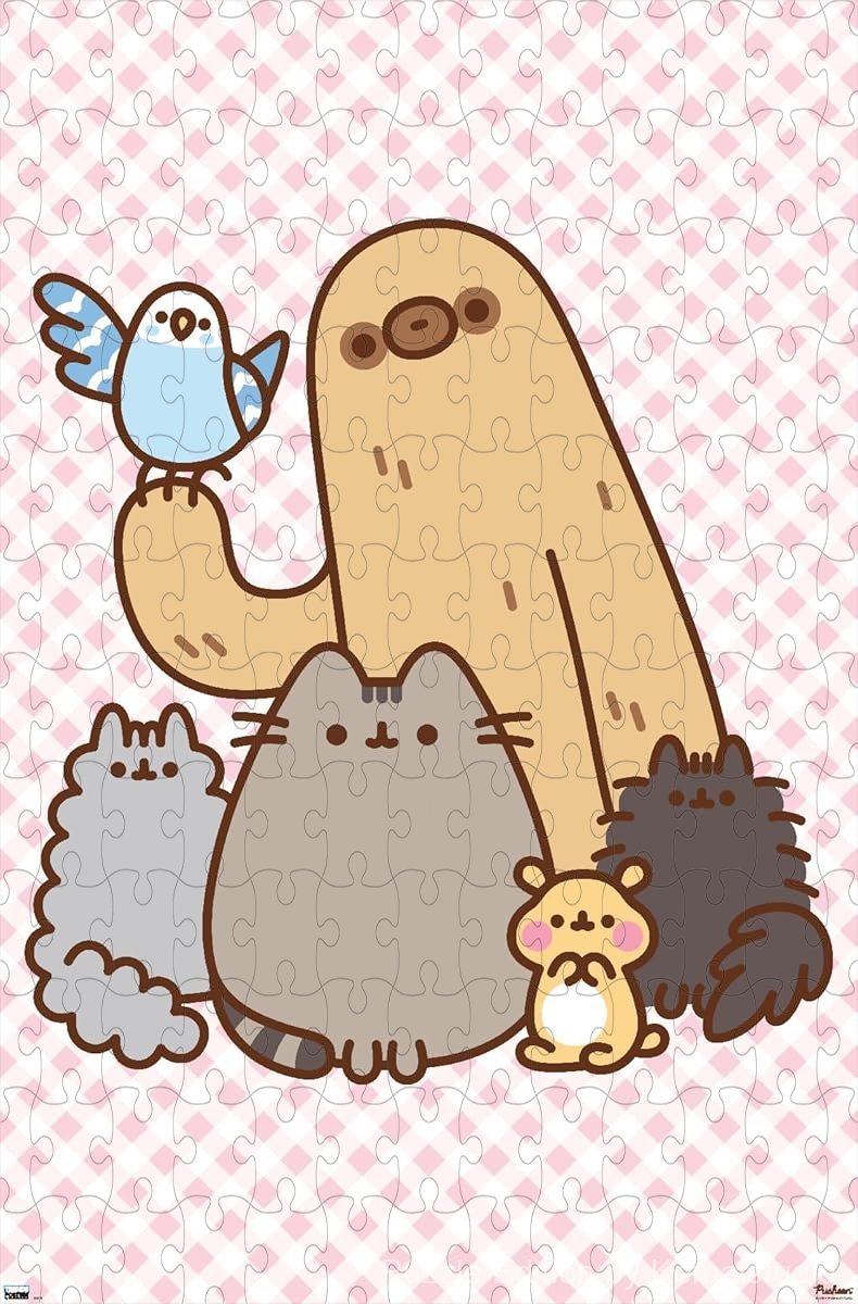 Wooden puzzle featuring Pusheen and friends in a fun group pose, full of playfulness