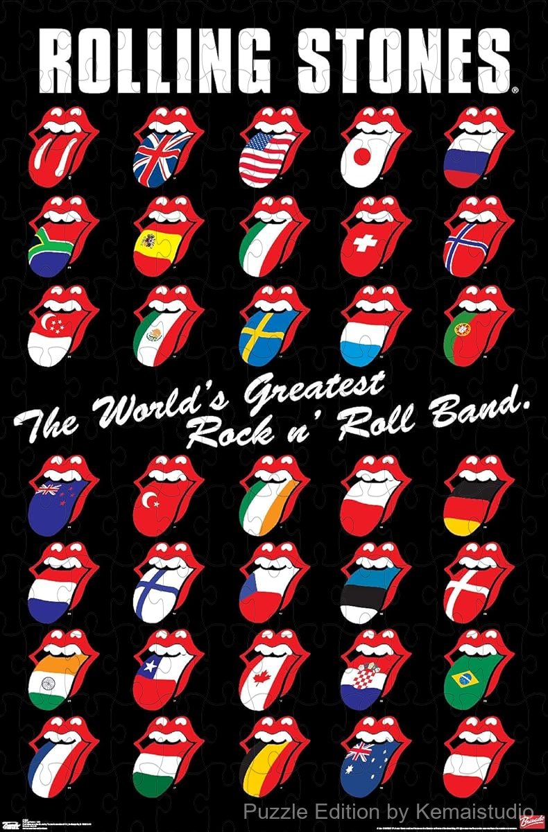 A bold grid-style collage puzzle of the Rolling Stones, great for fans and iconic wall art lovers