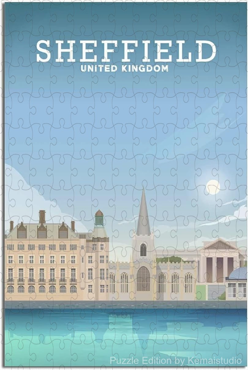 Puzzle illustration of Sheffield city skyline in retro travel poster style