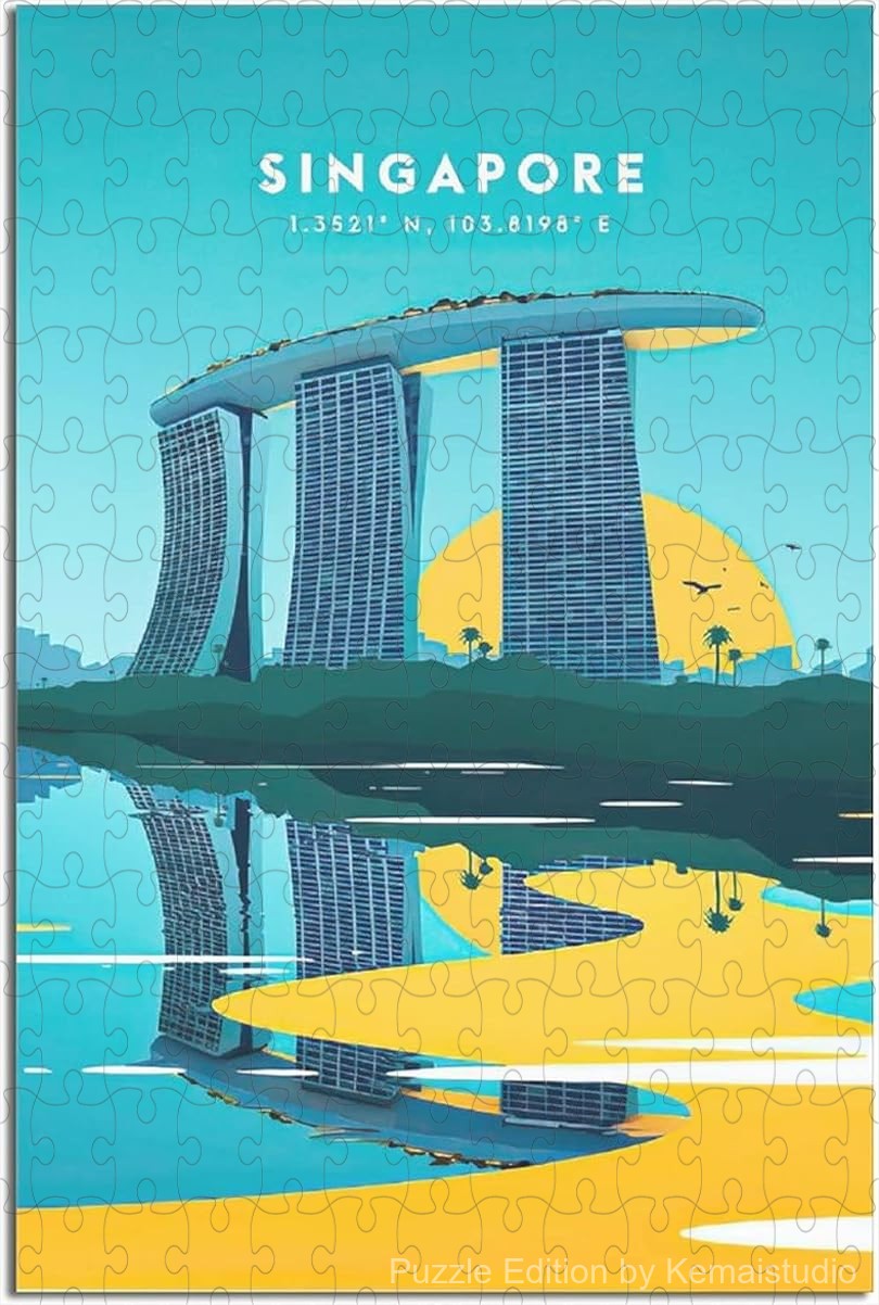 Singapore cityscape puzzle with vintage-style poster artwork