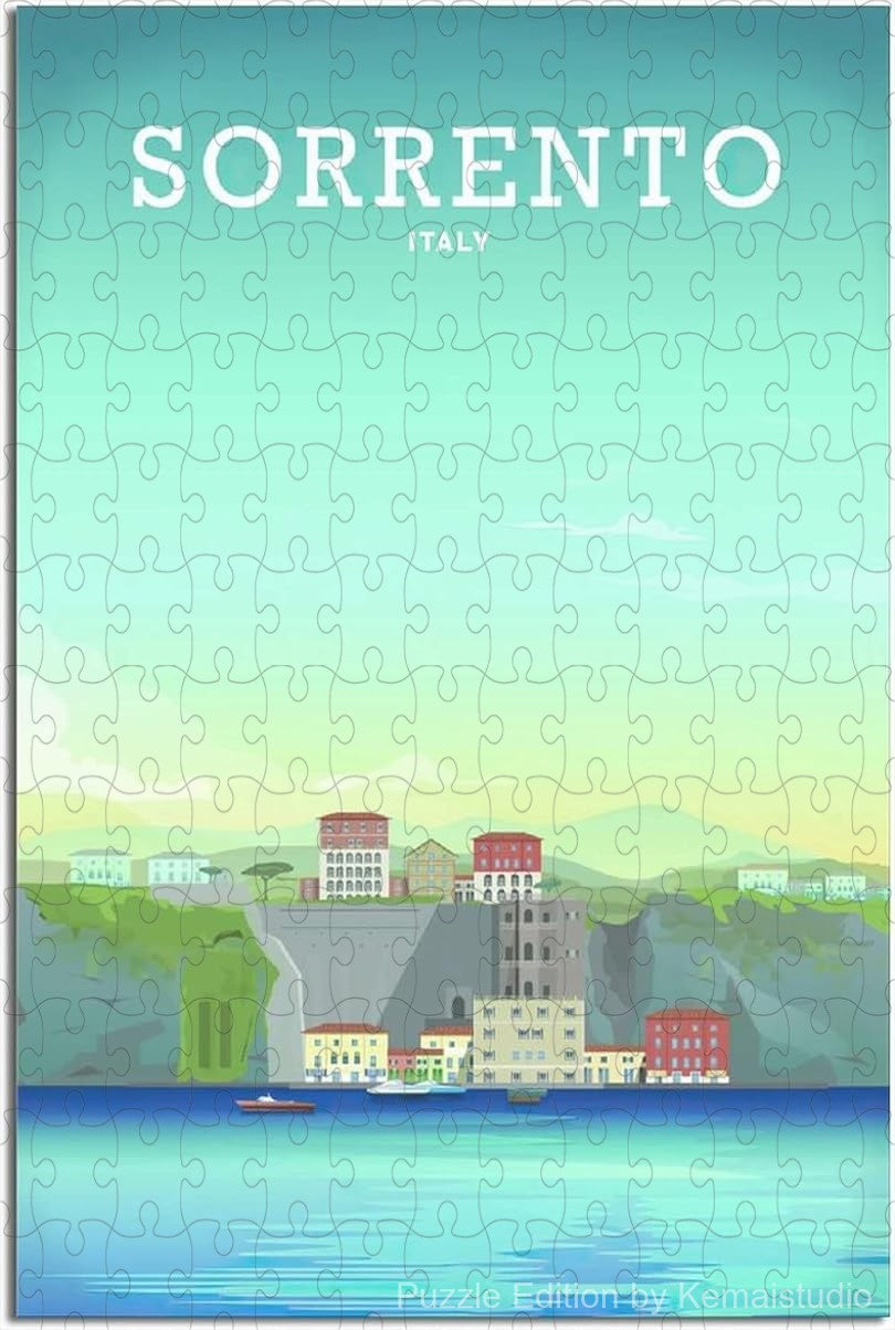 Relax with Sorrento vintage skyline puzzle, a wooden jigsaw puzzle featuring coastal city views for adults