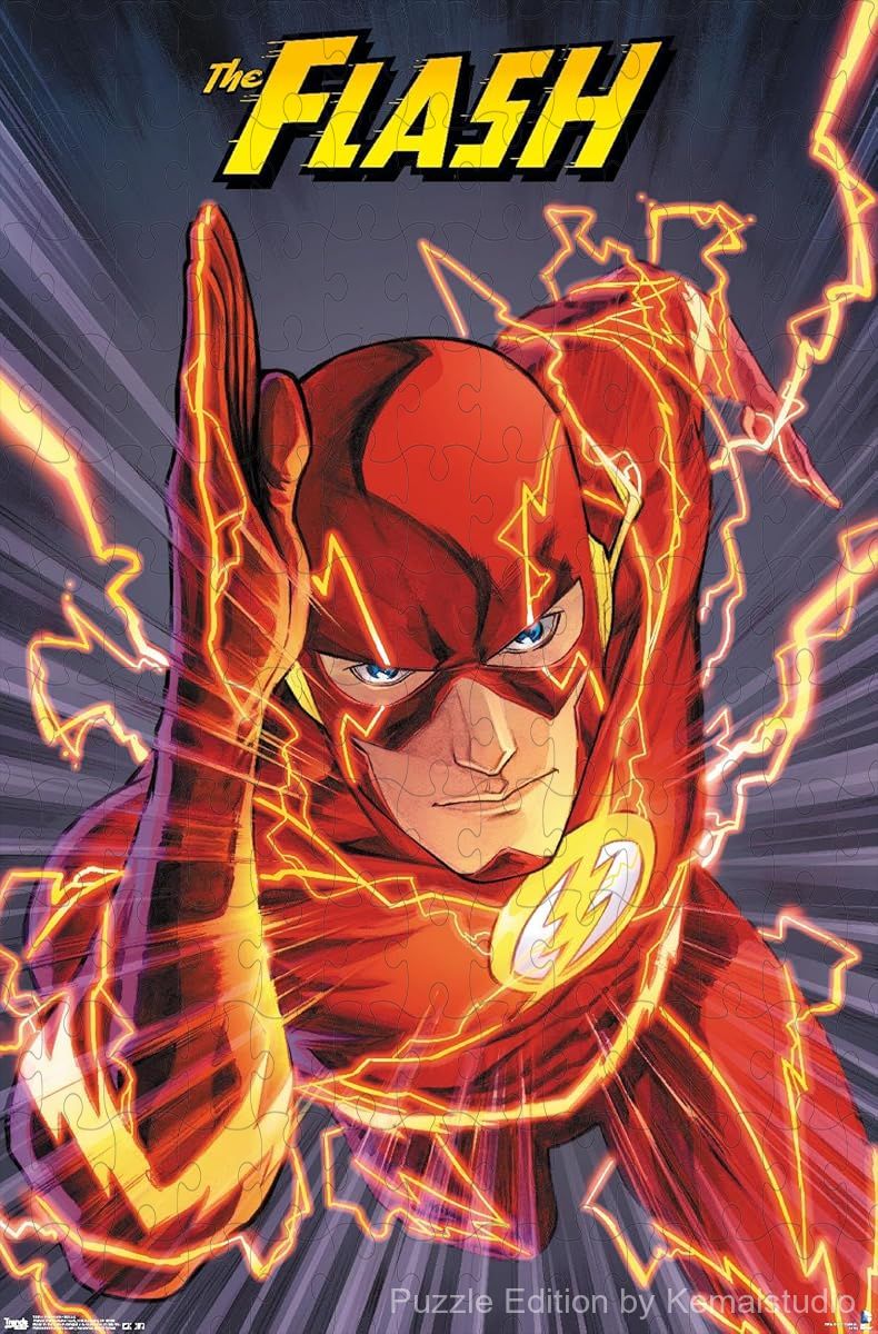 The Flash zooms through a vibrant scene, showcasing his iconic speed
