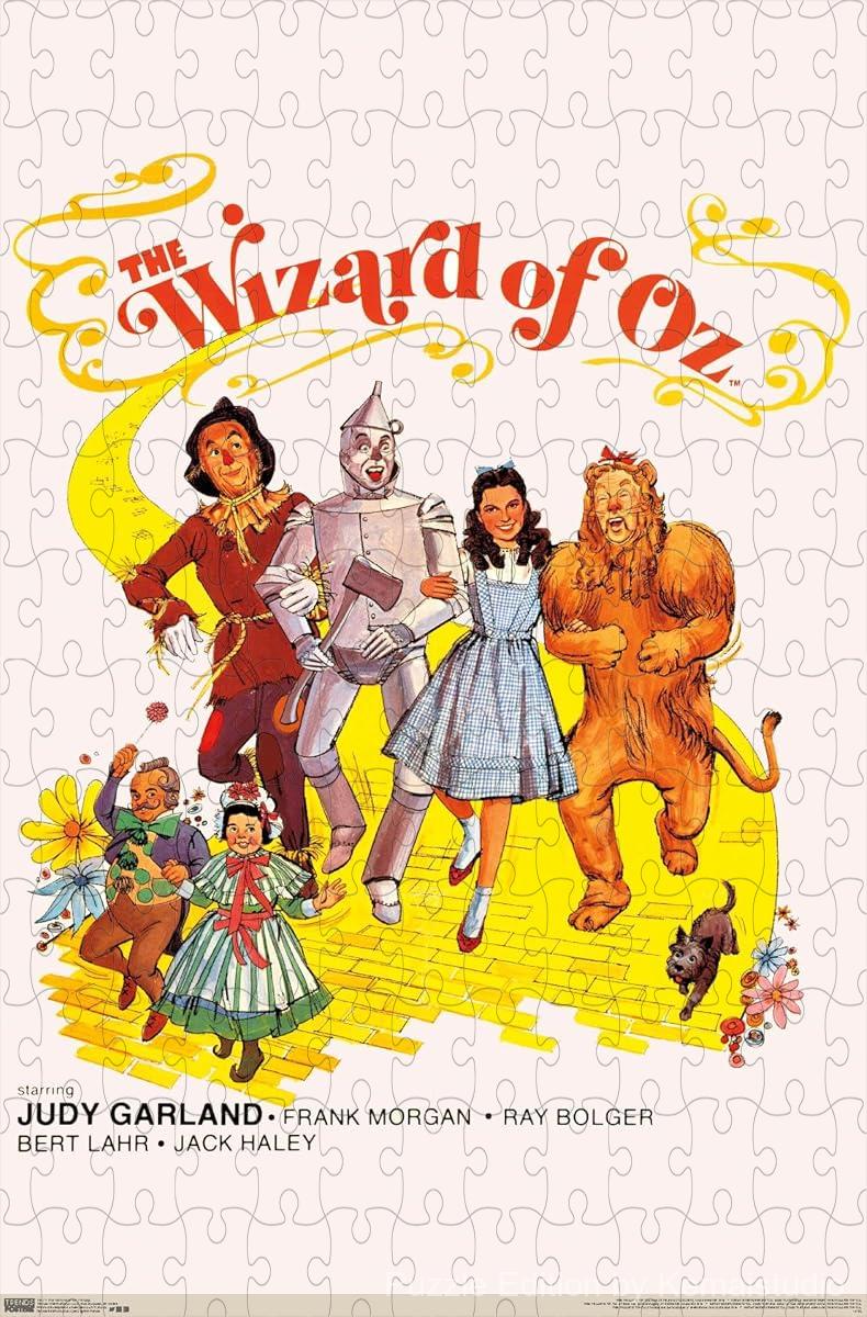 A whimsical scene of Dorothy, Scarecrow, Tin Man and Lion on their journey