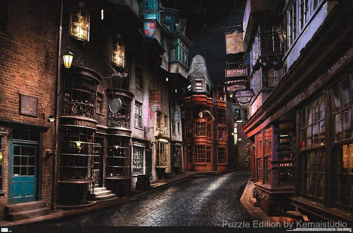 Shops and wizards bustle in Diagon Alley's cobbled magical streets