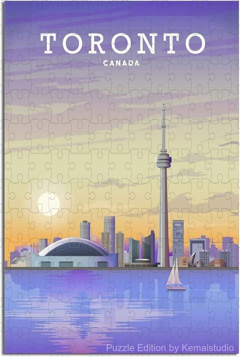Explore Toronto's skyline with this vintage travel poster puzzle, a relaxing wooden jigsaw for adults