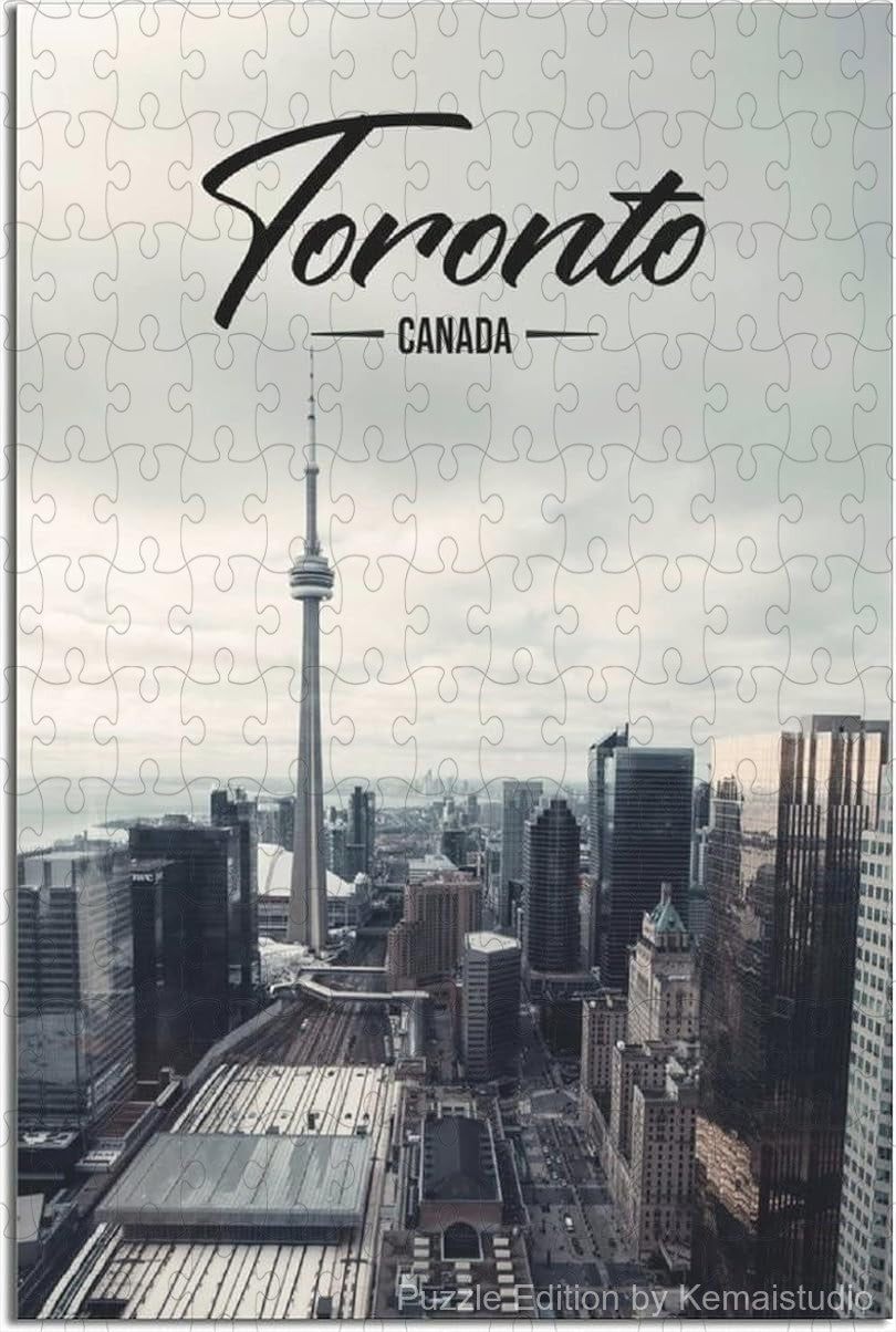 Wooden puzzle featuring Toronto's iconic skyline, showcasing vivid city colors and fine details
