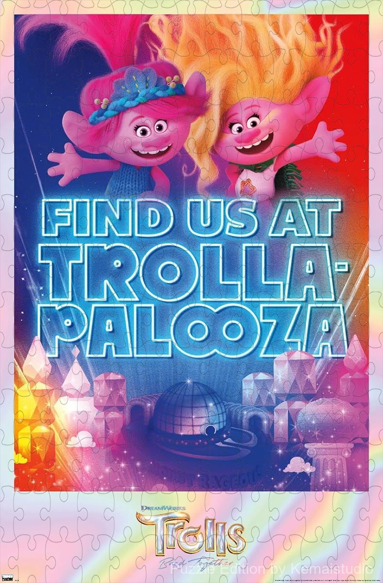 A cheerful and colorful puzzle showing Viva and Poppy at Trolla-Palooza, great for young fans