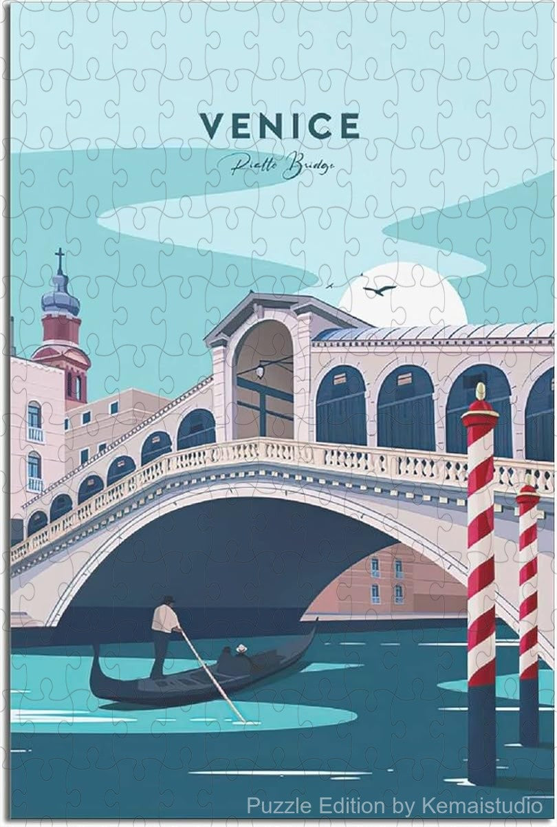 Venice canal and bridge puzzle in vintage Italian travel art