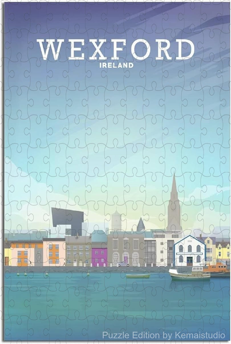 Puzzle artwork of Wexford's skyline with classic travel illustration