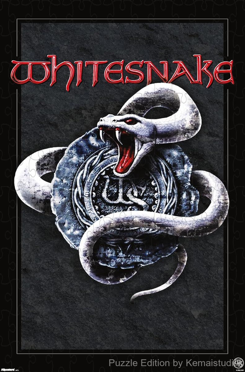 A striking monochrome puzzle of the Whitesnake silver snake logo, ideal for minimalist rock fans