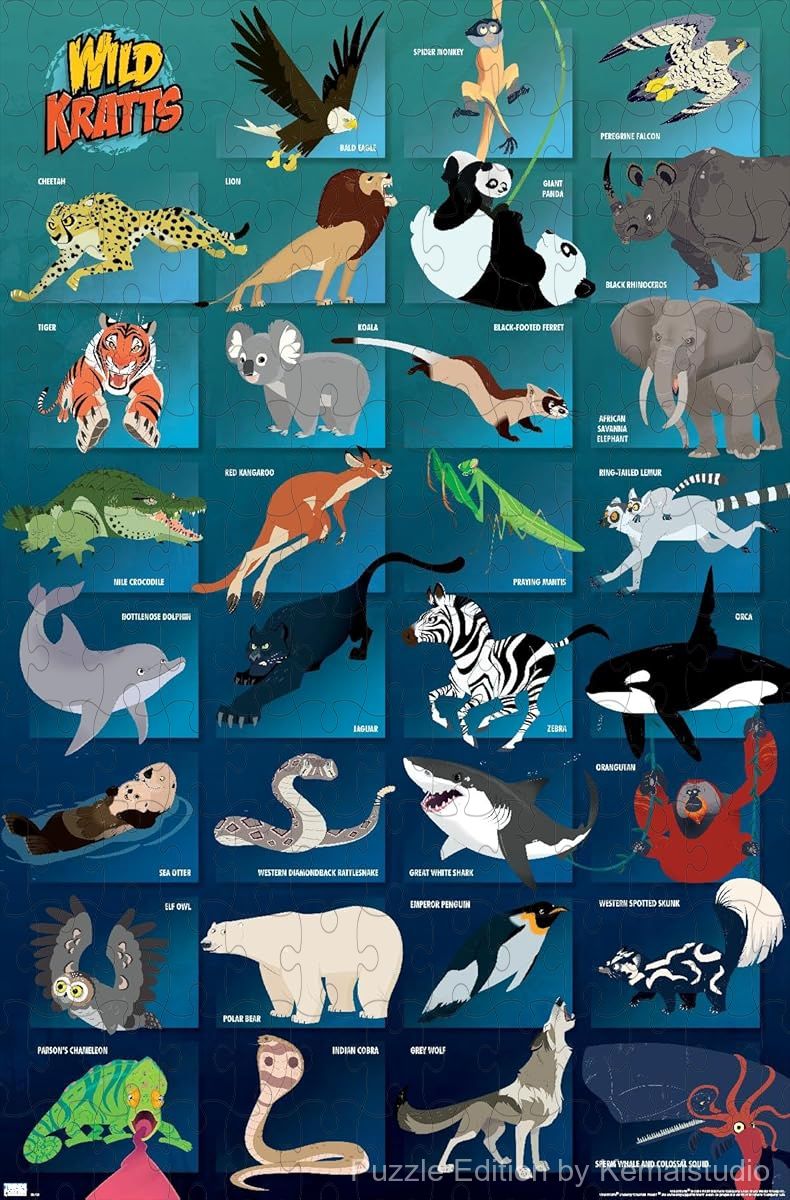 500-piece wooden jigsaw puzzle featuring the Wild Kratts grid of creatures.