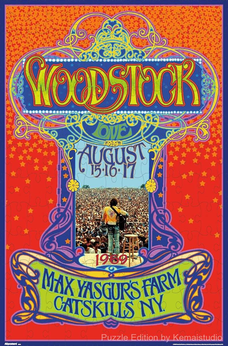 A vibrant and colorful tribute puzzle featuring Bob Masse's iconic Woodstock poster art