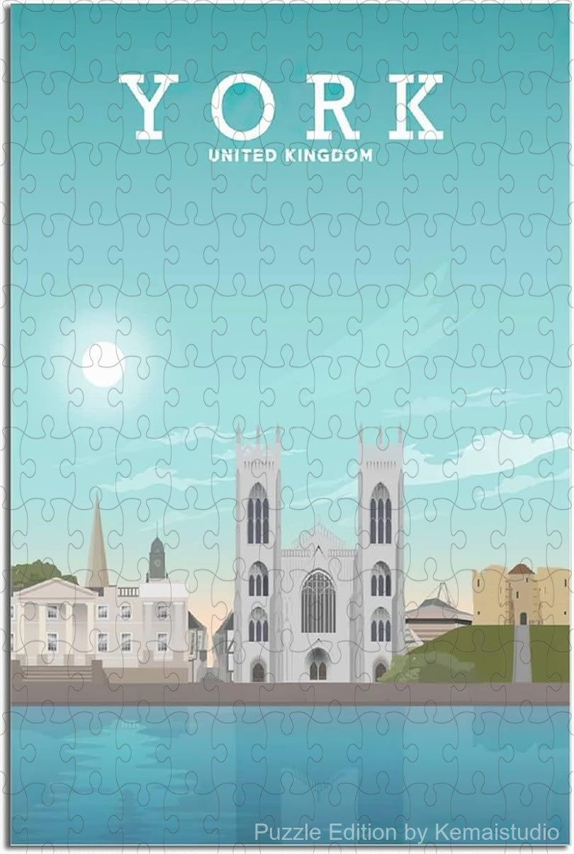 Puzzle of York's vintage skyline with a retro travel illustration design