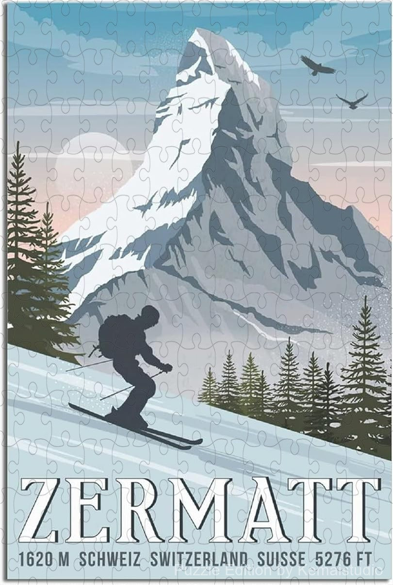 Swiss Alps-inspired Zermatt puzzle with vintage national park poster look
