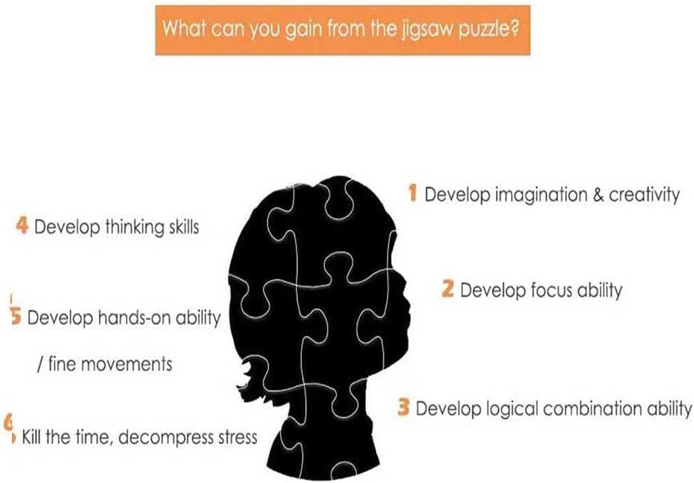 What can you get from our puzzles? Develop imagination and creativity, Develop focus ability, Develop logical, Combination ability, Develop thinking skills, Develop hands-on ability, fine movements, Kill the time, Decompress stress.