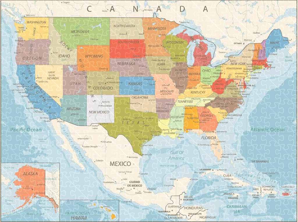 2025 color map of United States with Gulf and Mount McKinley poster, jigsaw puzzle for adults