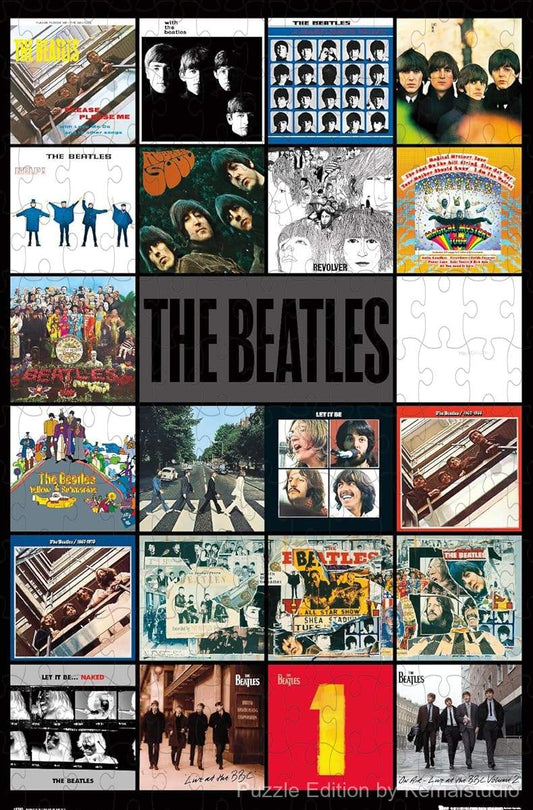 A collage of The Beatles' iconic album covers, perfect for music lovers and wall art fans