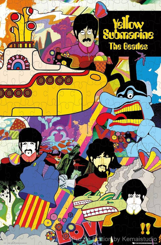A vibrant collage inspired by The Beatles' Yellow Submarine aesthetic, great for fans and retro decor