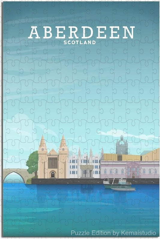 Jigsaw puzzle of Aberdeen's skyline in illustrated retro travel style
