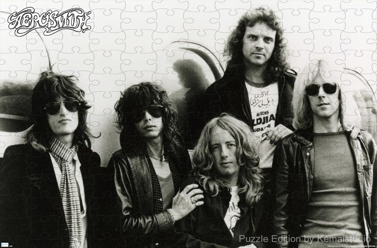 A vintage puzzle showing Aerosmith in their 70s prime, great for retro music room aesthetics