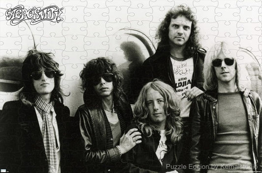 A vintage puzzle showing Aerosmith in their 70s prime, great for retro music room aesthetics