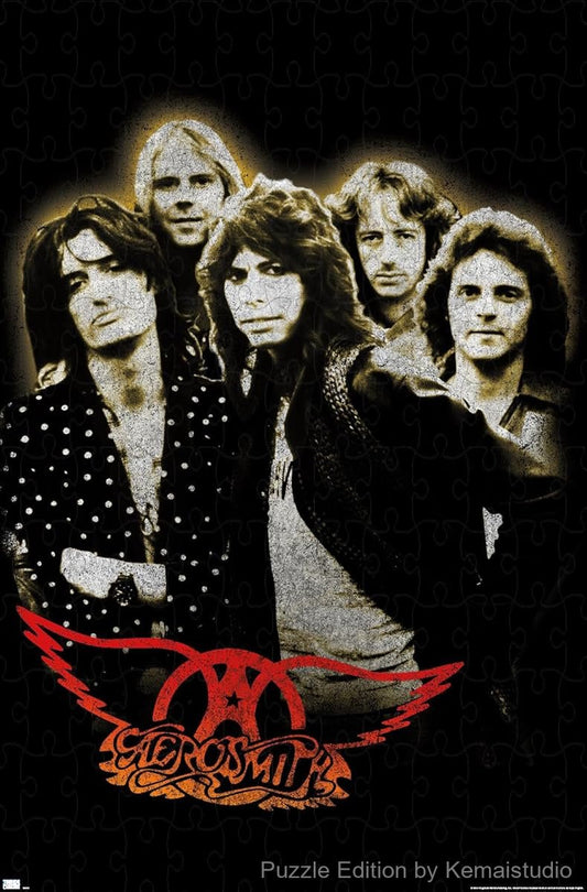 A group shot puzzle of Aerosmith, ideal for fans of 70s and 80s hard rock style