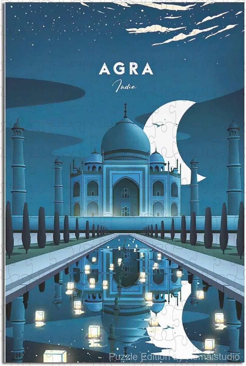 Agra Taj Mahal evening scene puzzle in vintage poster style