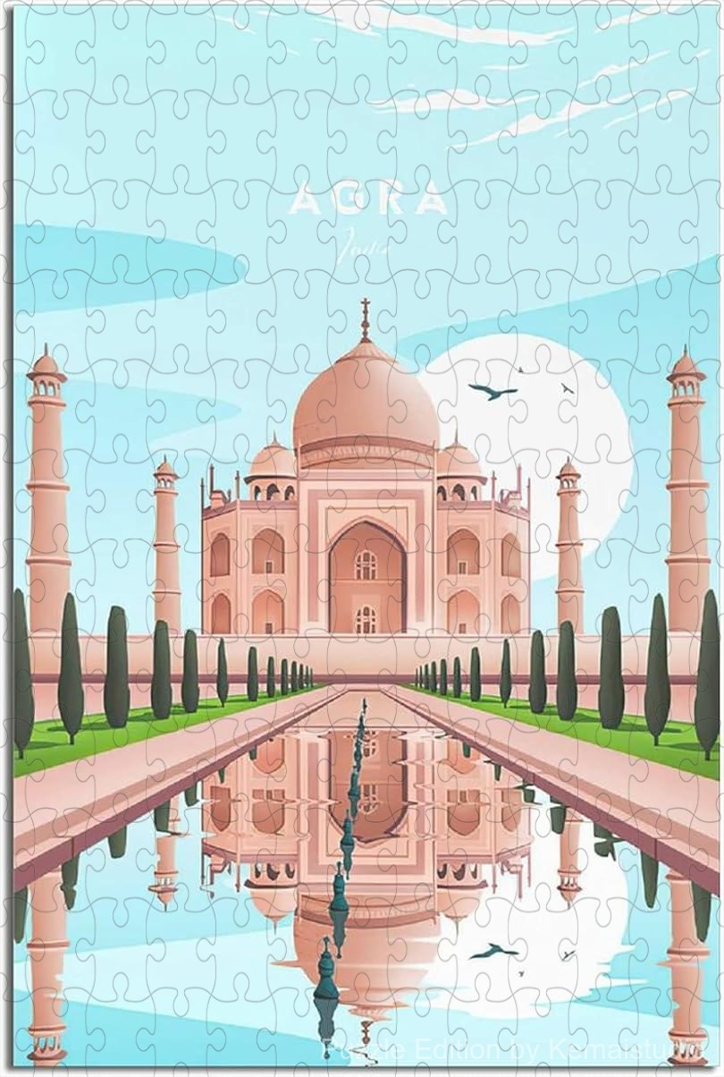 Scenic Agra city puzzle inspired by vintage travel posters, a relaxing jigsaw art piece for adults and home decoration