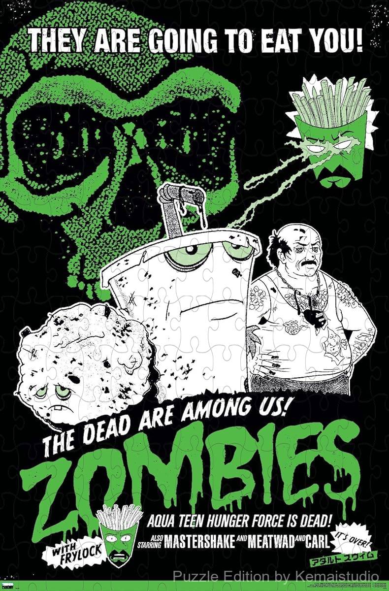 The crew of Aqua Teen face off with zombies in a bizarre animated world