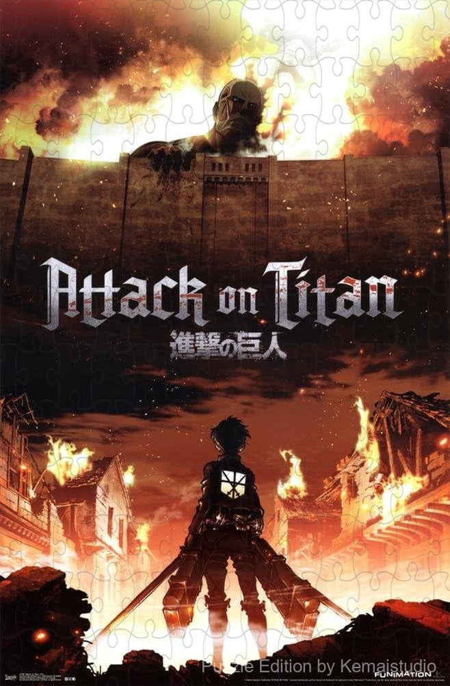 500-piece wooden jigsaw puzzle featuring the intense Fire scene from Attack on Titan.