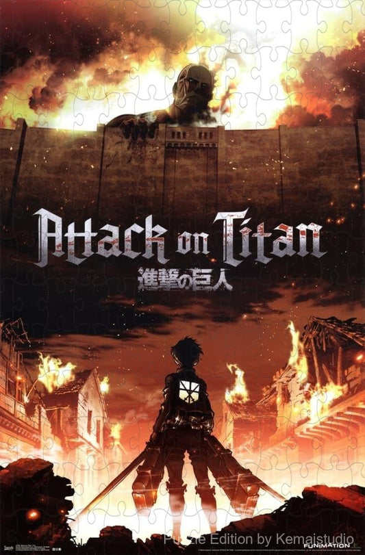 500-piece wooden jigsaw puzzle featuring the intense Fire scene from Attack on Titan.