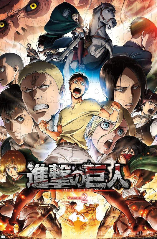Wooden puzzle featuring the key art from Attack on Titan Season 2, with dramatic visuals