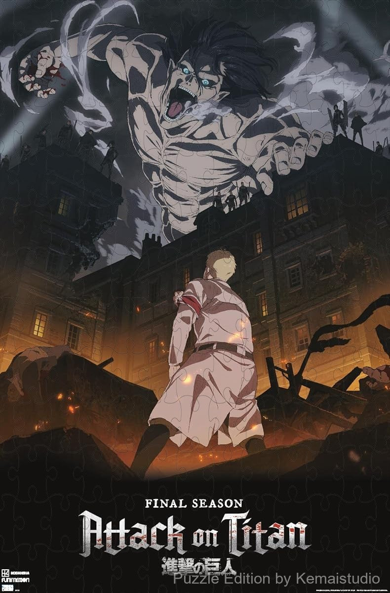 1000-piece wooden jigsaw puzzle featuring the key visual from Attack on Titan Season 4.